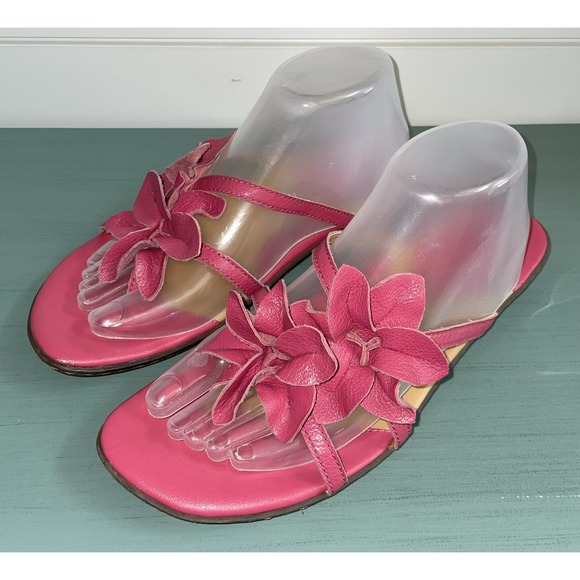 Born Womens 10 Pink Leather Flower Flip Flops Slip On Sandals Summer Comfort - Picture 1 of 7